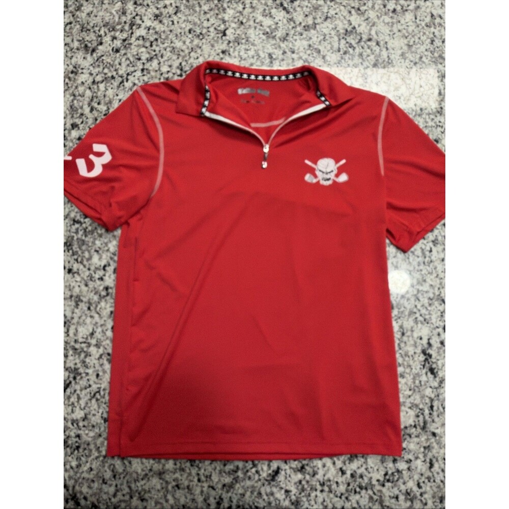 Tattoo Golf Lucky 13 Polo Shirt Mens Red Skull Crossed Clubs Quarter Zip Small